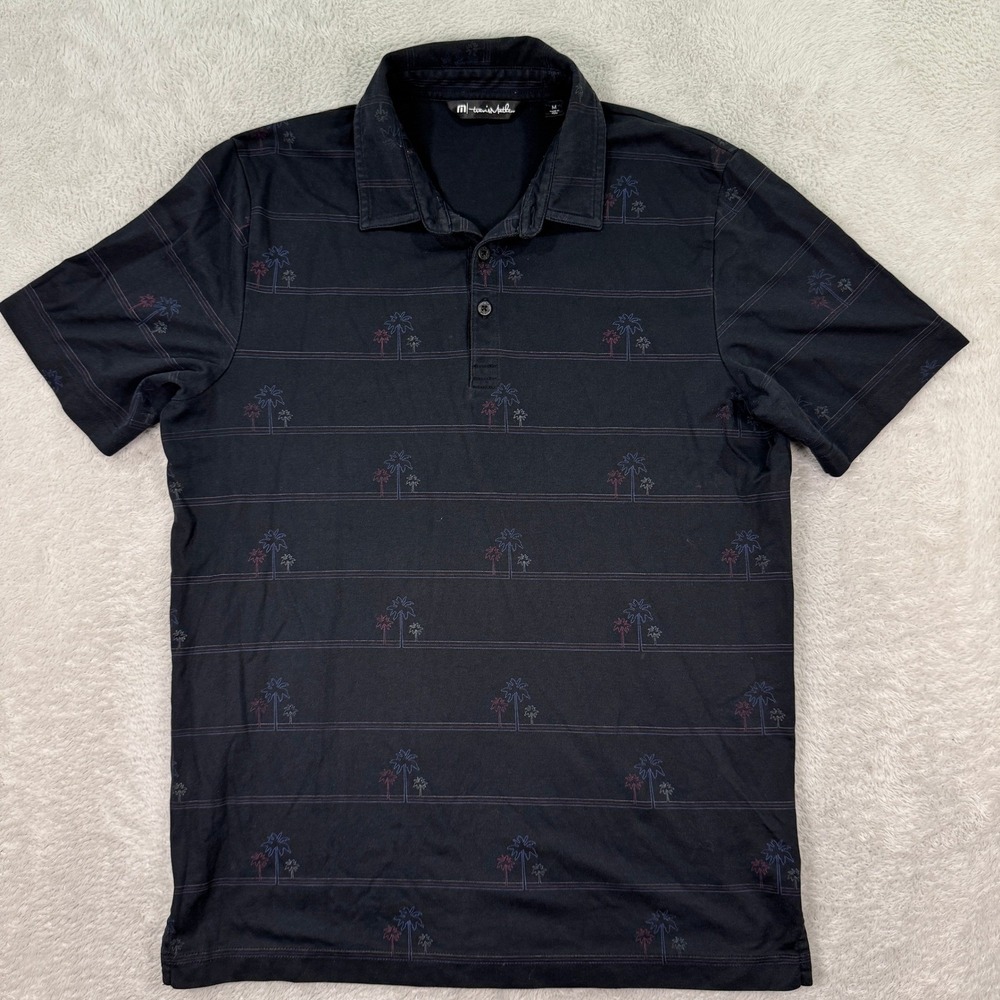 Travis Mathew Polo Shirt Men's Medium Black Palm Tree Floral Print Golf Casual
